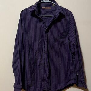 Perry Ellis Men's Dark Purple Striped Shirt Size L Long Sleeve